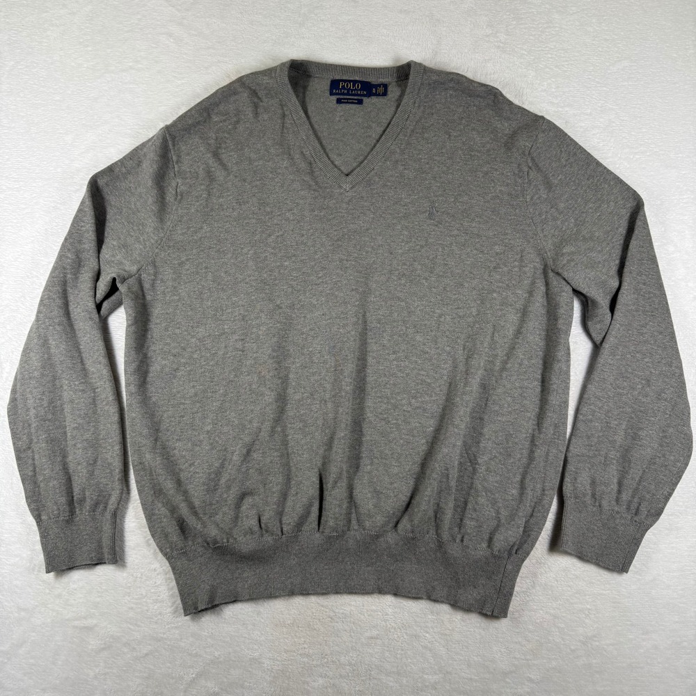 Polo Ralph Lauren Mens Gray Pima Cotton V-Neck Sweater XL Pony Logo